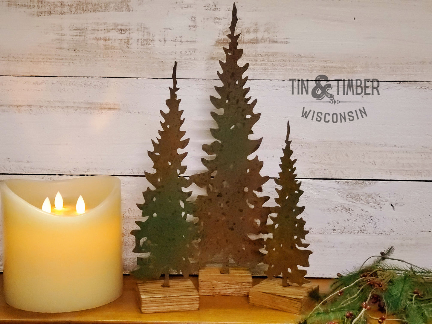 Rustic Metal Pine Tree – Handcrafted with Birch or Oak Base