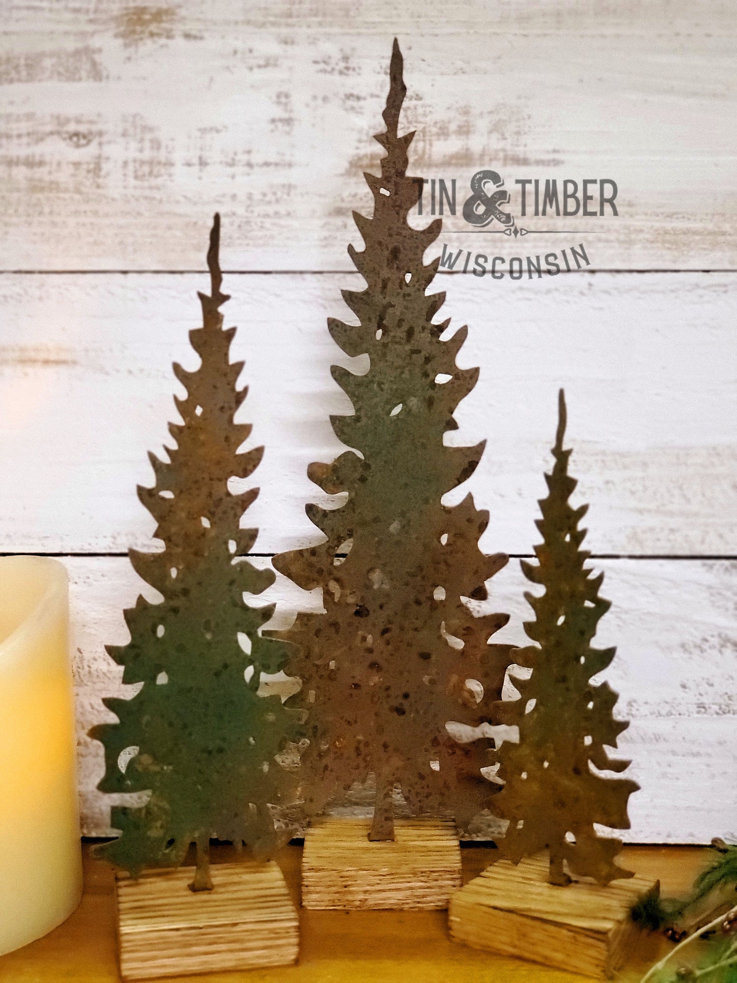 Rustic Metal Pine Tree – Handcrafted with Birch or Oak Base