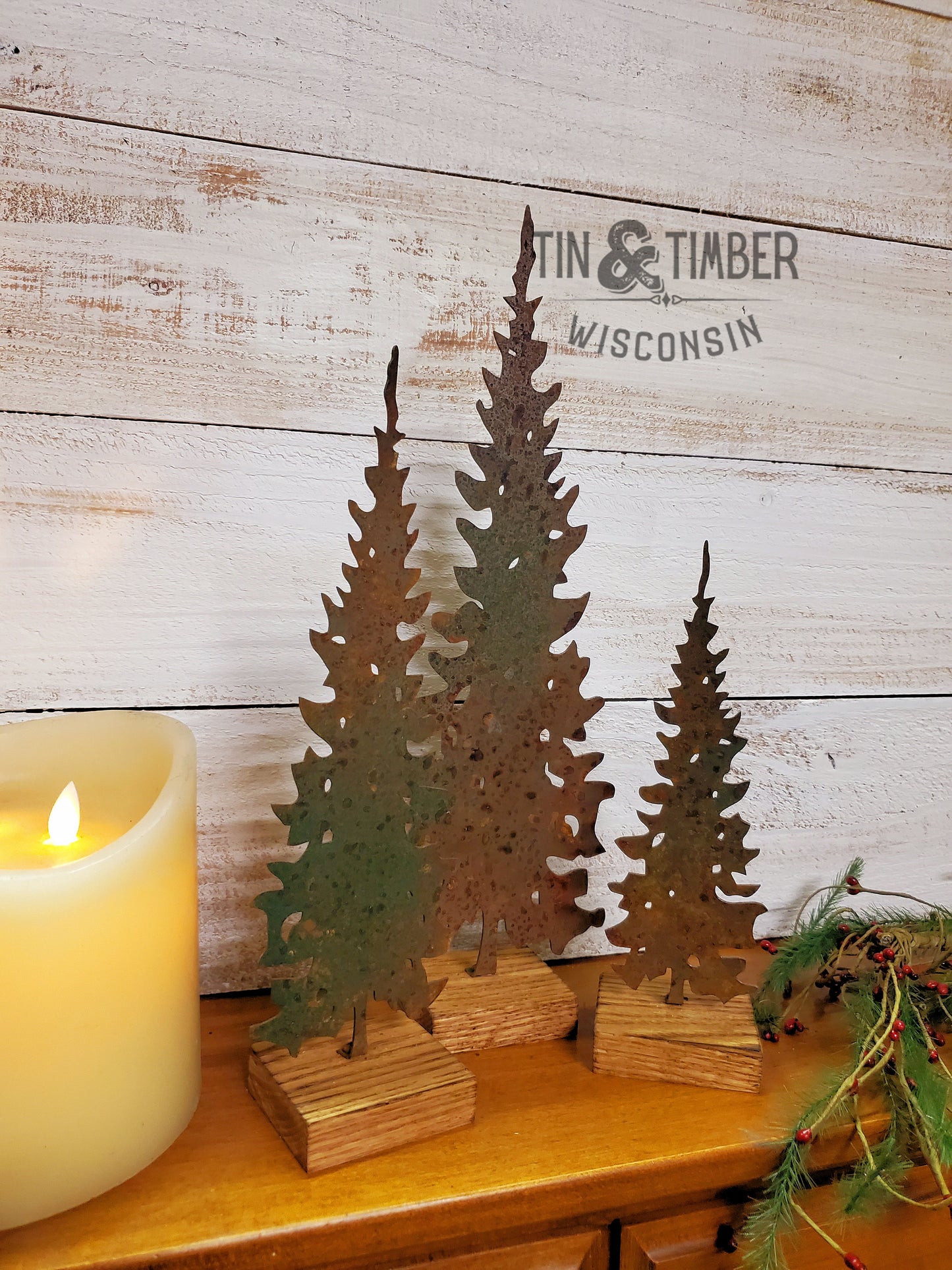 Rustic Metal Pine Tree – Handcrafted with Birch or Oak Base