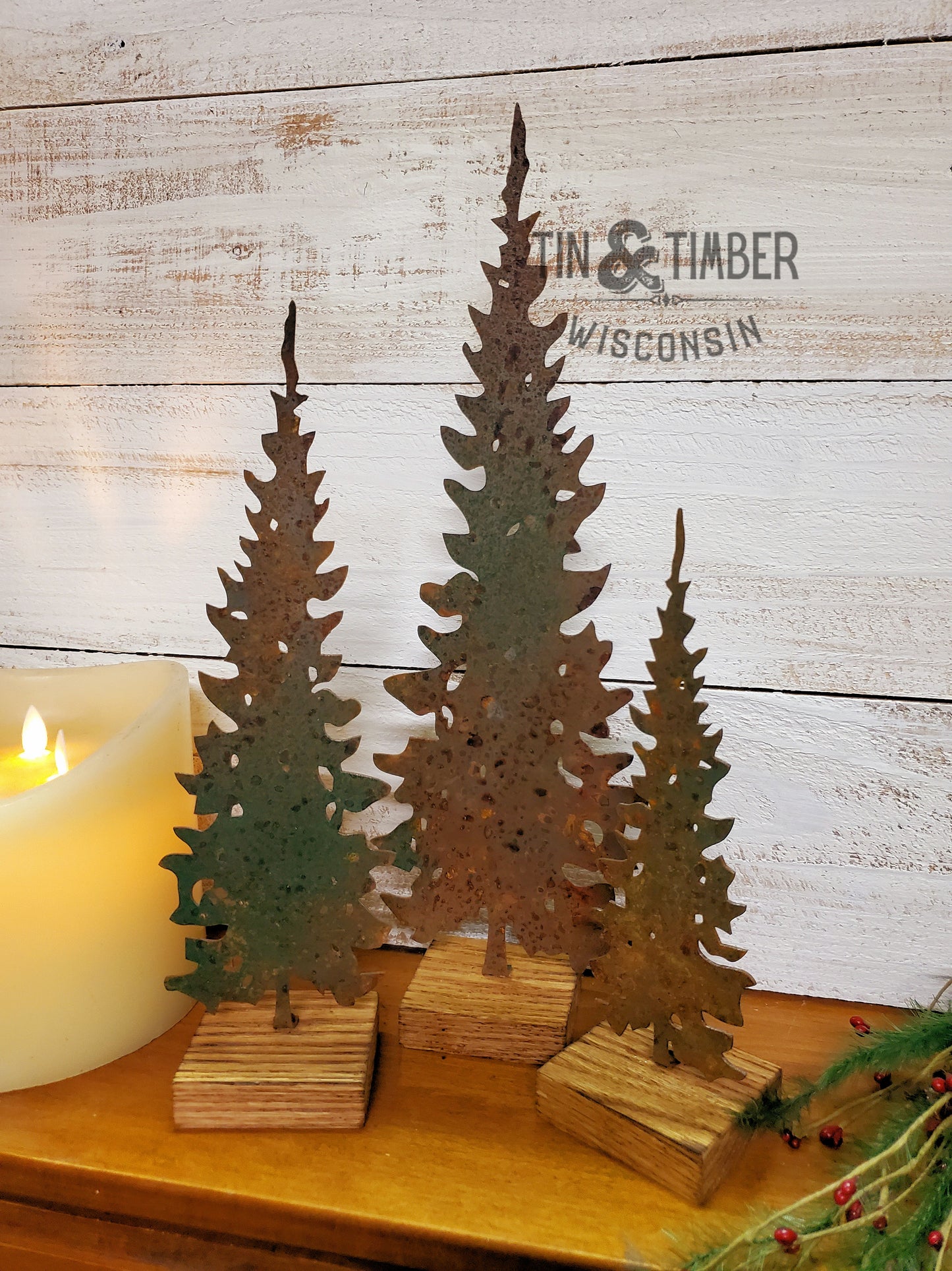 Rustic Metal Pine Tree – Handcrafted with Birch or Oak Base