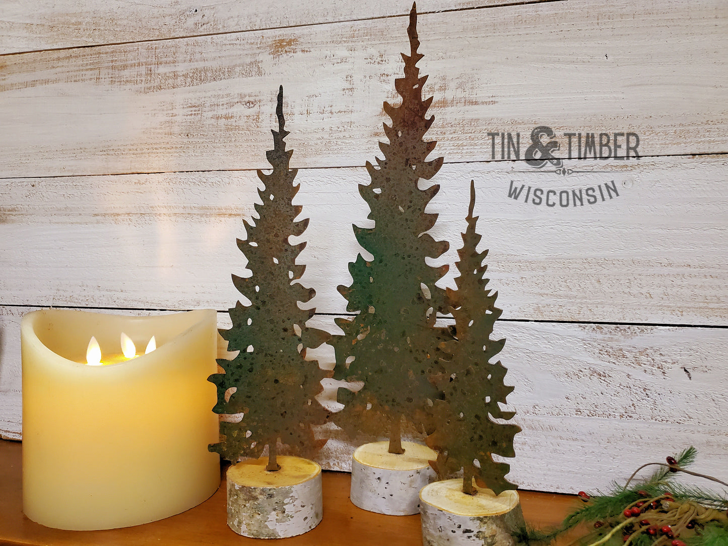 Rustic Metal Pine Tree – Handcrafted with Birch or Oak Base
