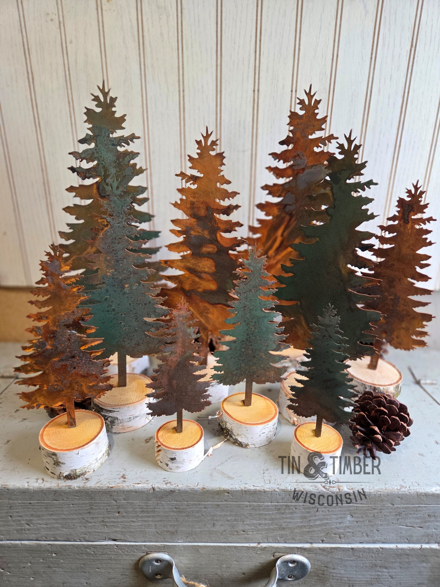 Metal Woodland Pine Tree on Birch Base