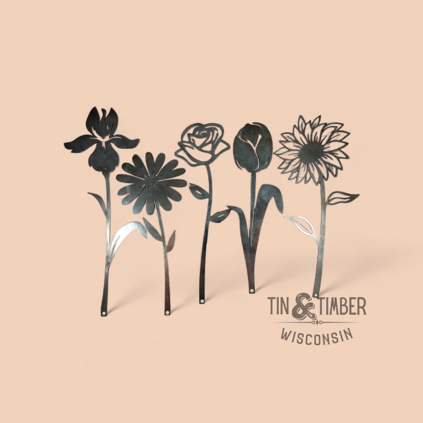 Metal Flower Group - 5 Spring Flowers Iris Daisy Tulip Sunflower Rose