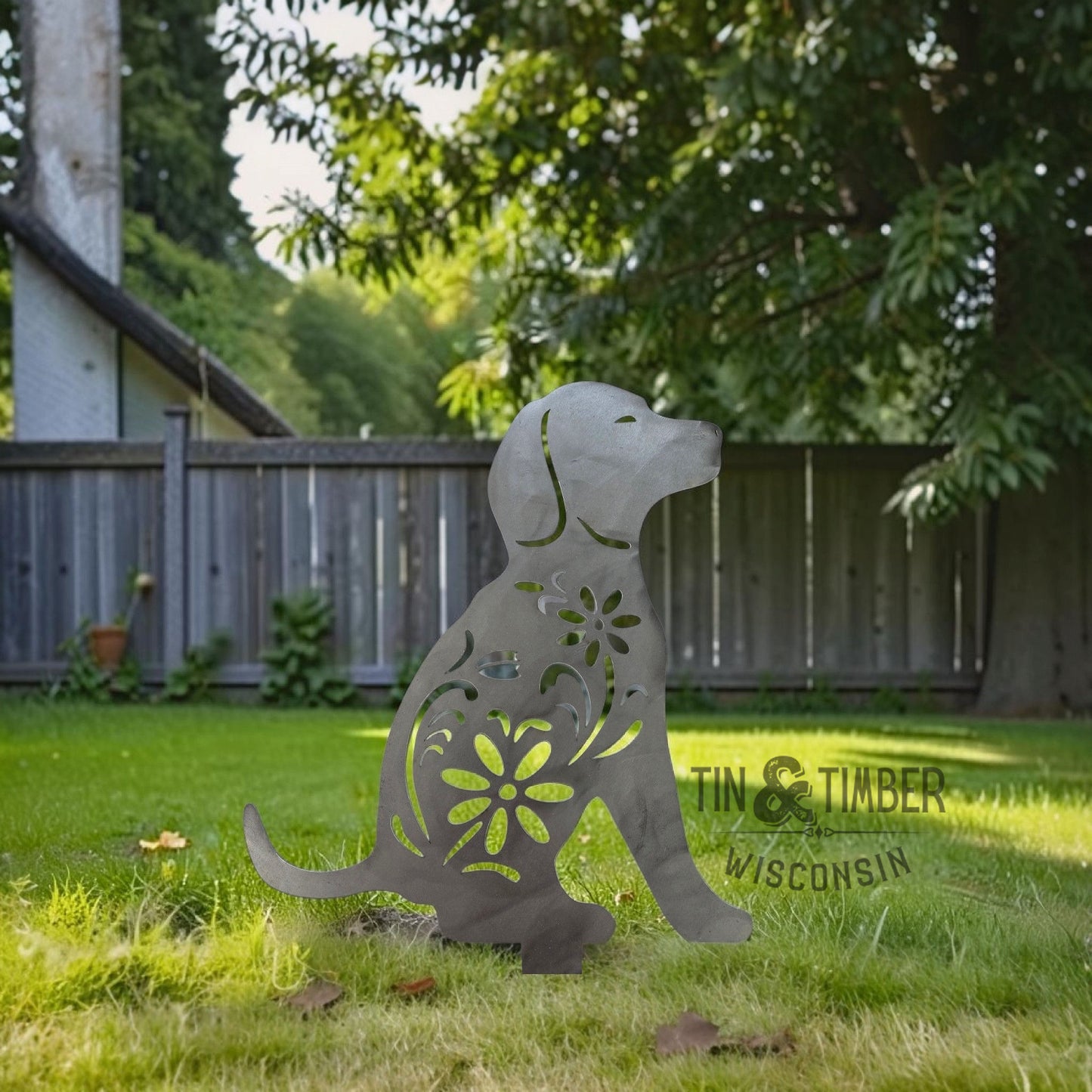 Floral Dog Metal Yard Art Garden Stake