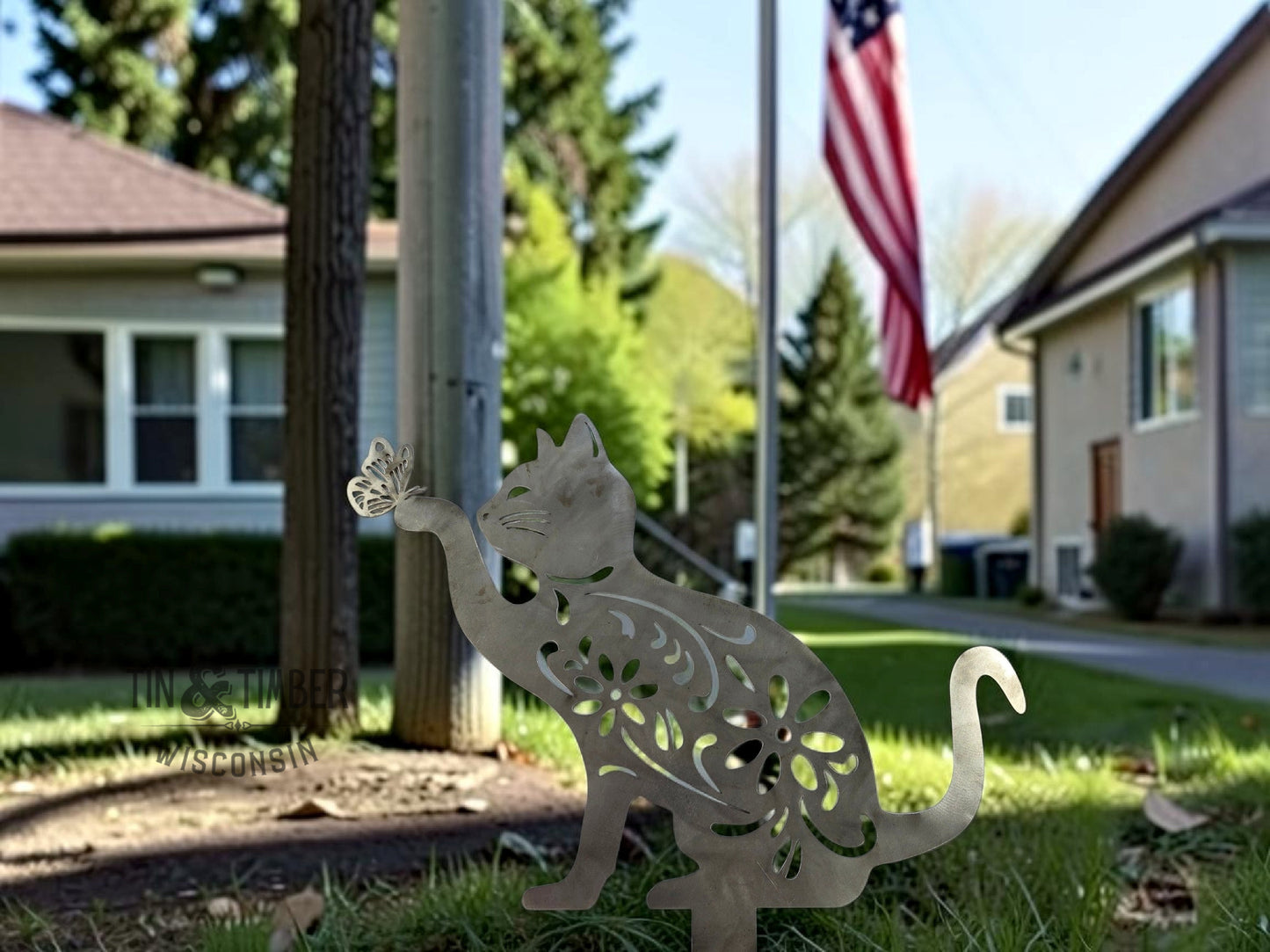 Floral Cat with Butterfly Metal Yard Art Garden Stake