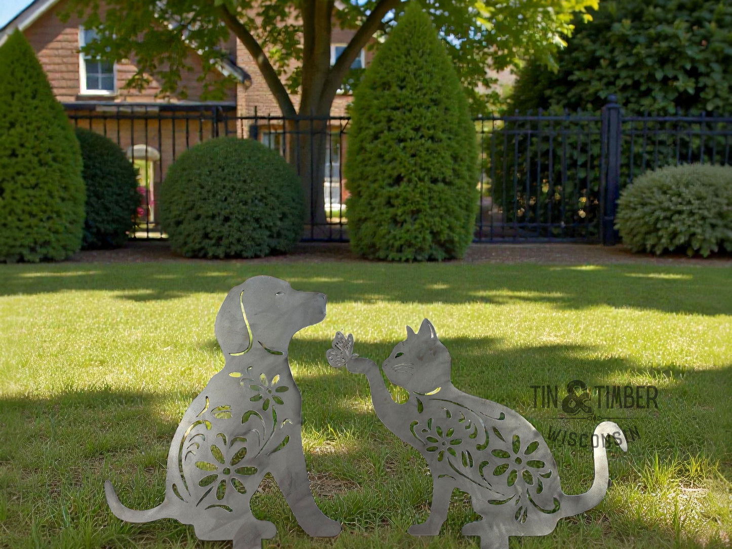 Floral Dog Metal Yard Art Garden Stake