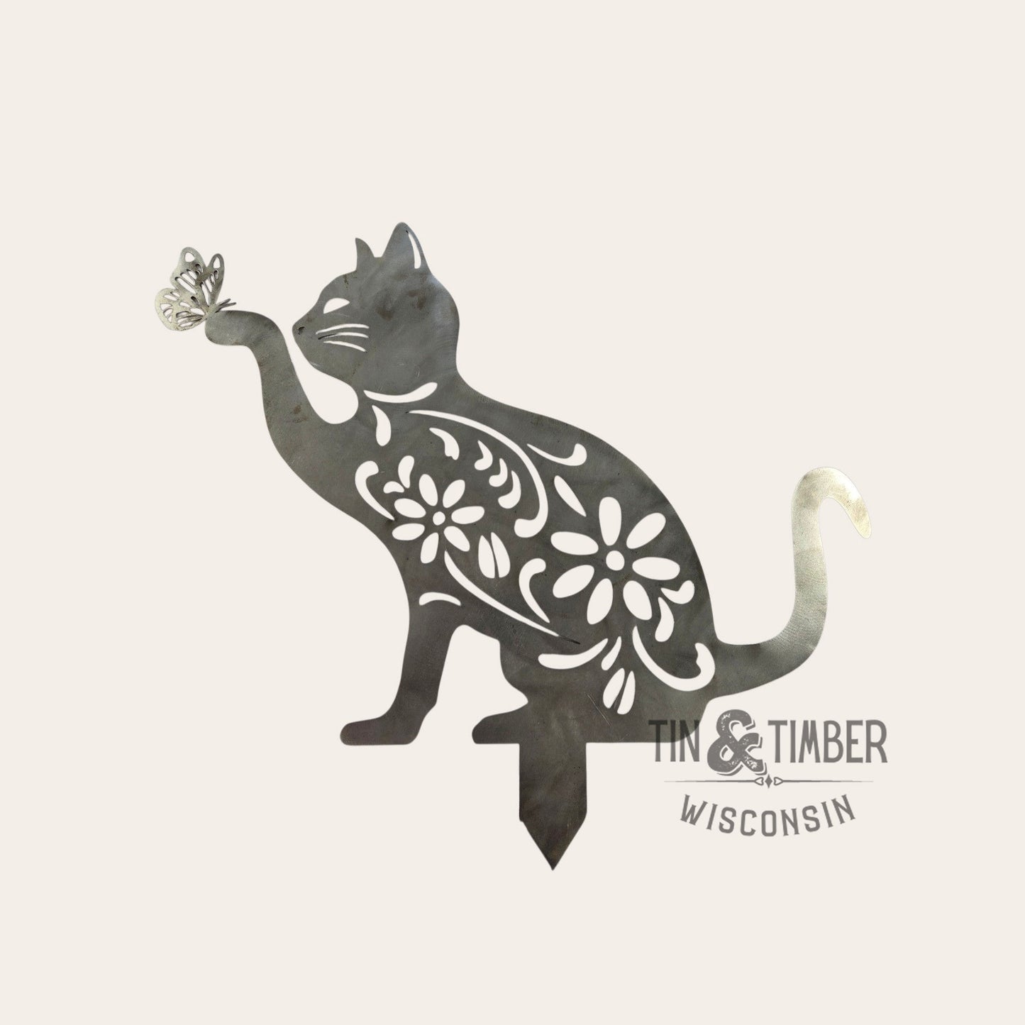 Floral Cat with Butterfly Metal Yard Art Garden Stake