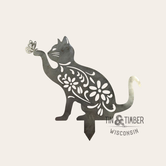Floral Cat with Butterfly Metal Yard Art