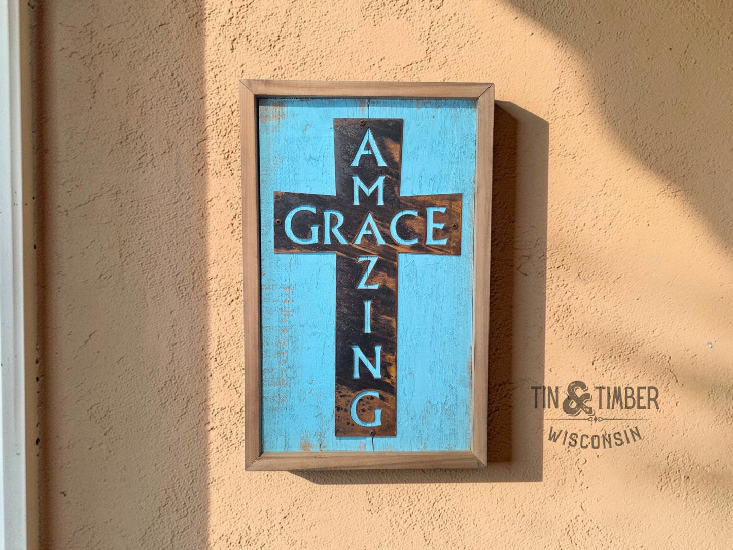 Amazing Grace - Patinaed Steel on Board Back Framed