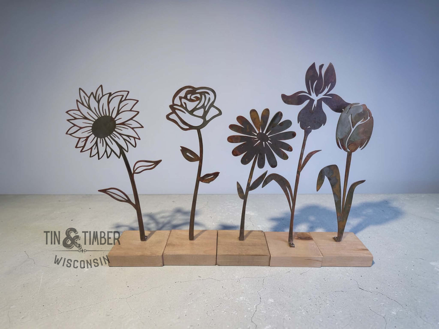 Metal Flower Group - 5 Spring Flowers Iris Daisy Tulip Sunflower Rose
