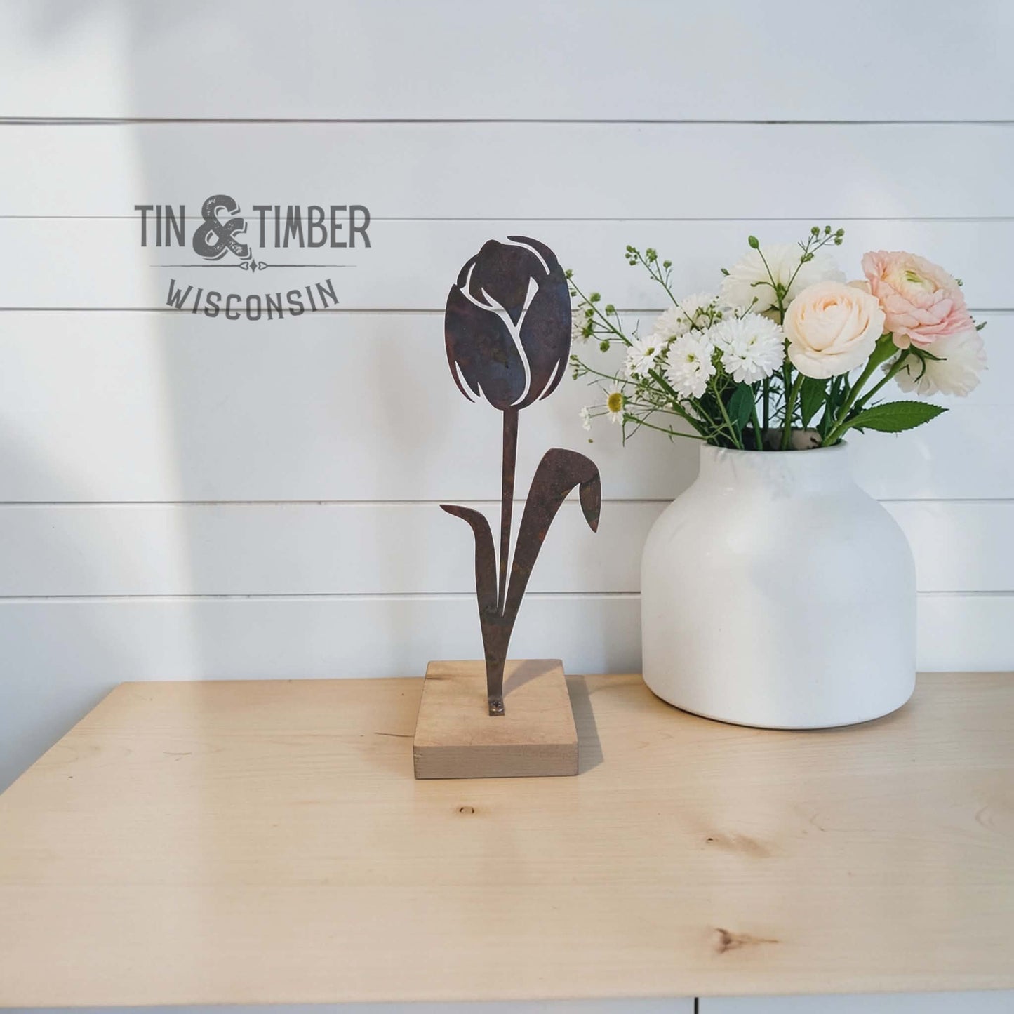 Metal Tulip Flower w/optional Wood Base