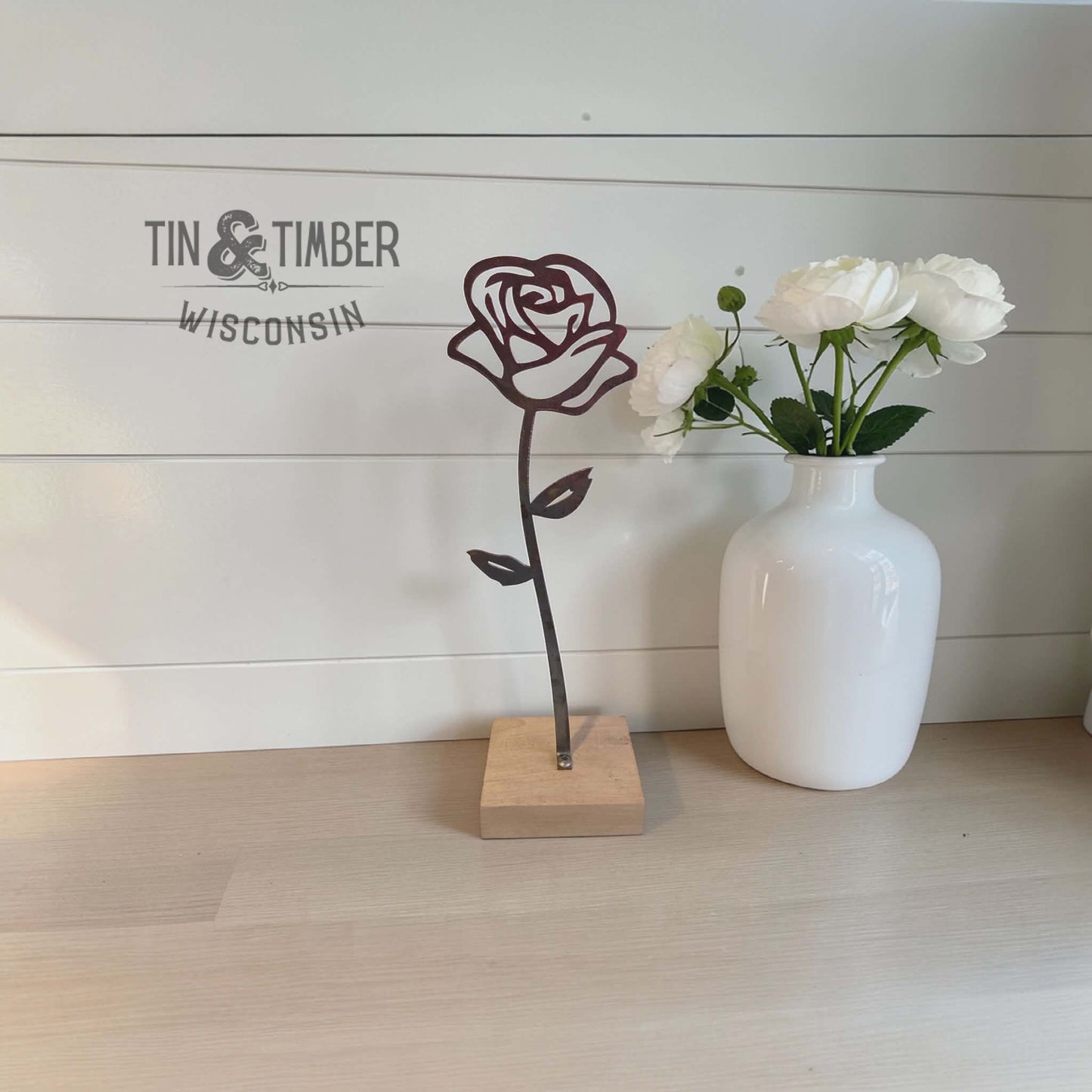 Metal Rose Flower w/optional Wood Base