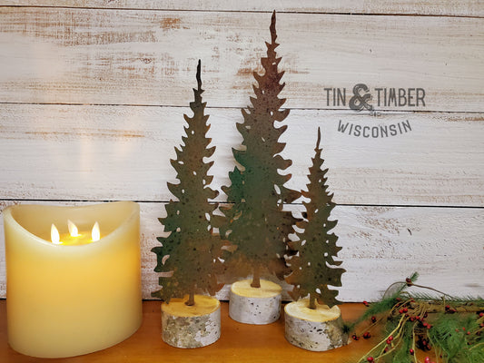 Rustic Metal Pine Tree – Handcrafted with Birch or Oak Base
