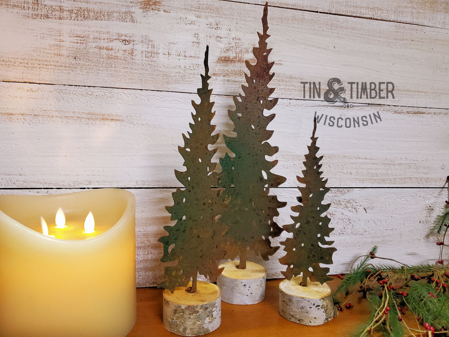 Rustic Metal Pine Tree – Handcrafted with Birch or Oak Base
